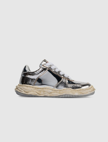WAYNE LOW TOP CRACKING LEATHER SNEAKERS "SILVER"